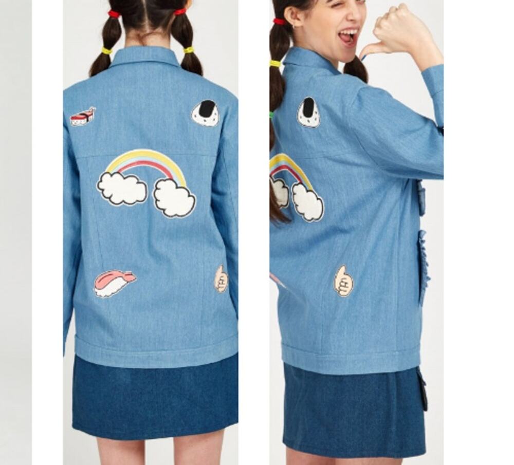 The White Pepper Blue Denim Ruffle Sushi Rainbow Patch Jean Jacket Size Medium